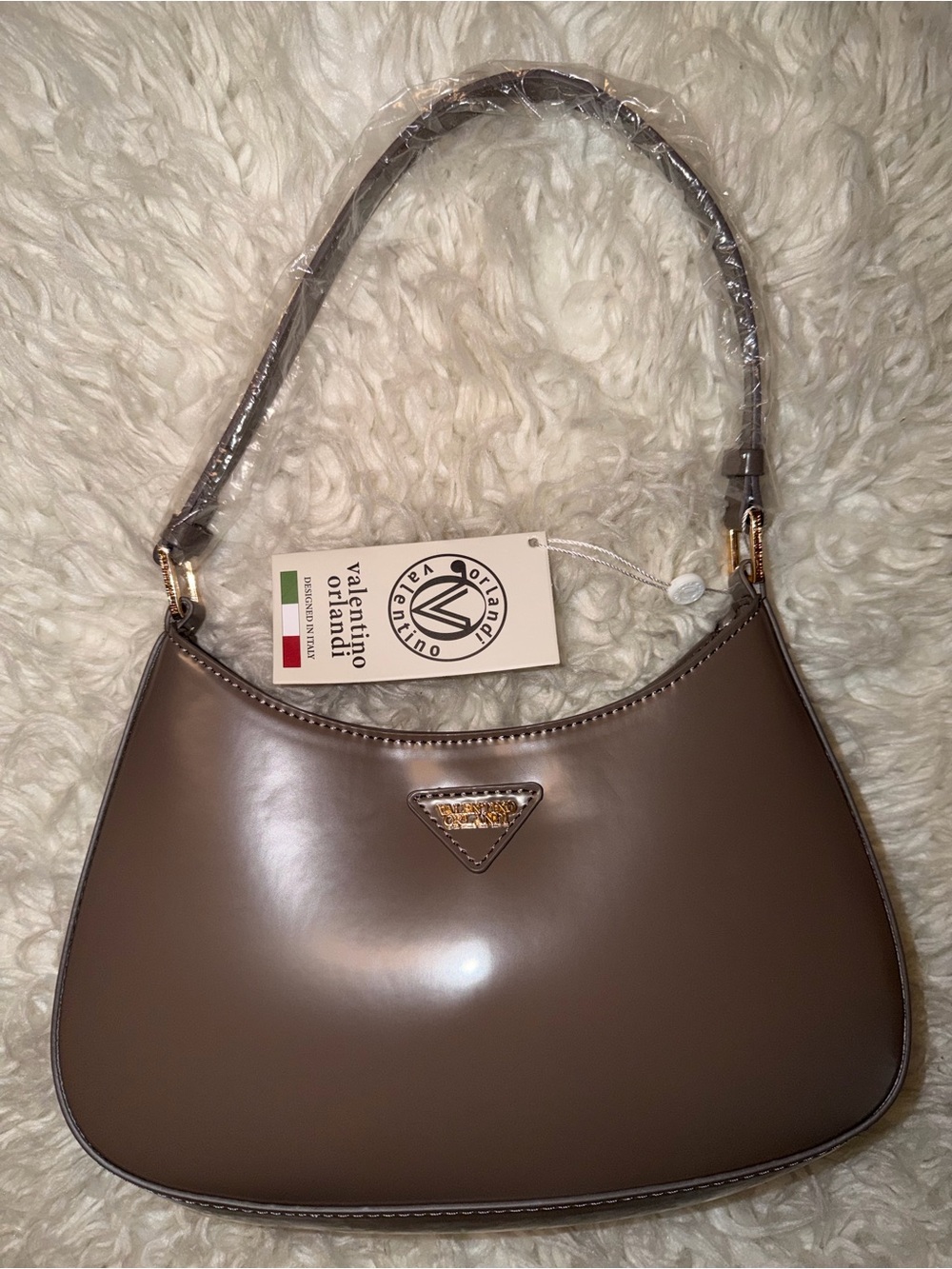 Valentino Orlandi Taupe Gloss Shoulder Bag with Gold Logo